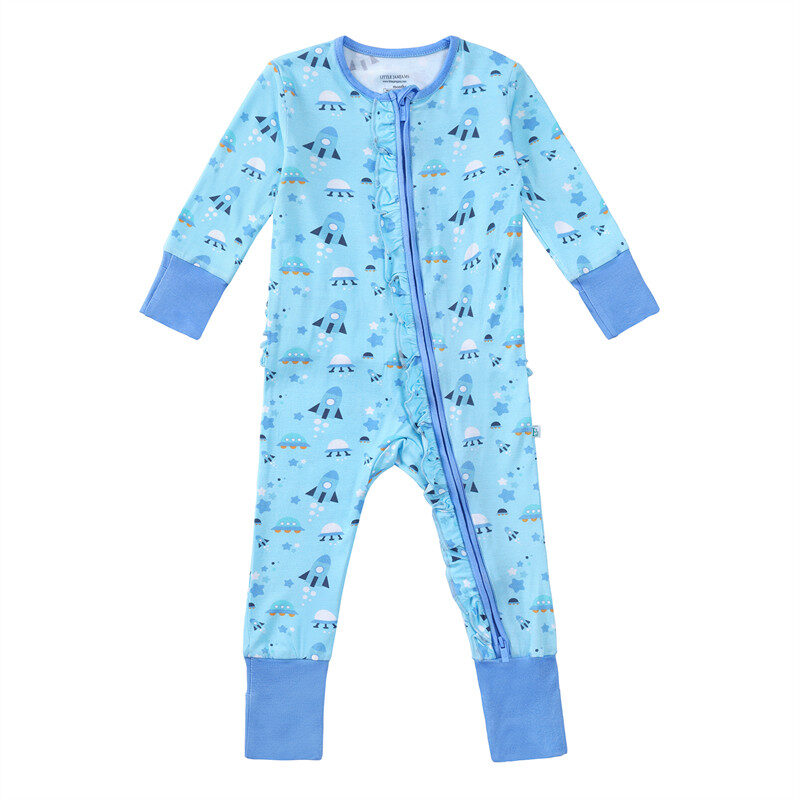 Space Dreamer Mittens Cuff Ruffled Zippered Baby Rompers Pajamas