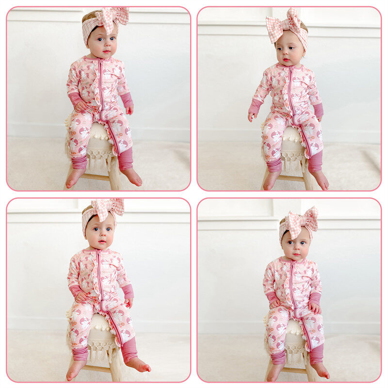 Unicorn Fancy Mittens Cuff Ruffled Zippered Baby Rompers Pajamas