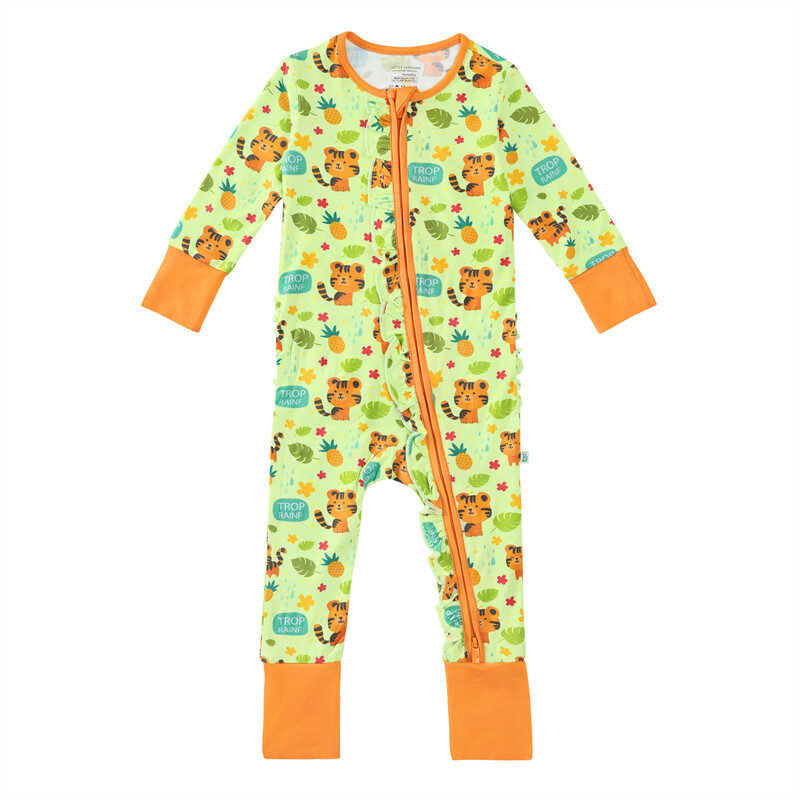Jungle Cub Mittens Cuff Ruffled Zippered Baby Rompers Pajamas