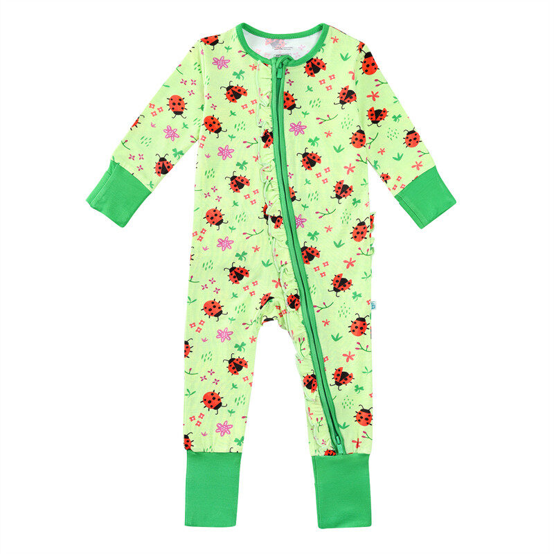 Love Bug Mittens Cuff Ruffled Zippered Baby Rompers Pajamas